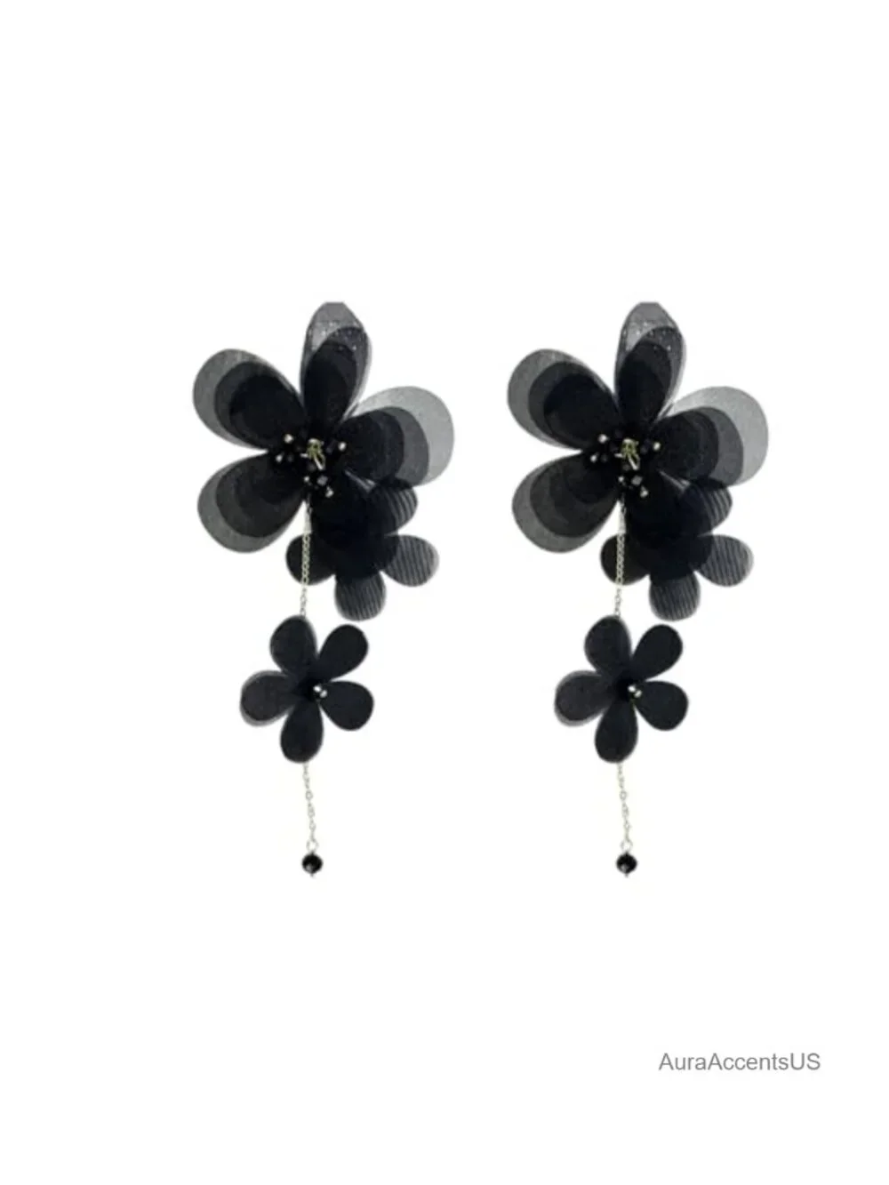 Layered Tulle Flower Dangle Earrings with Gold Chain Bridal Party
